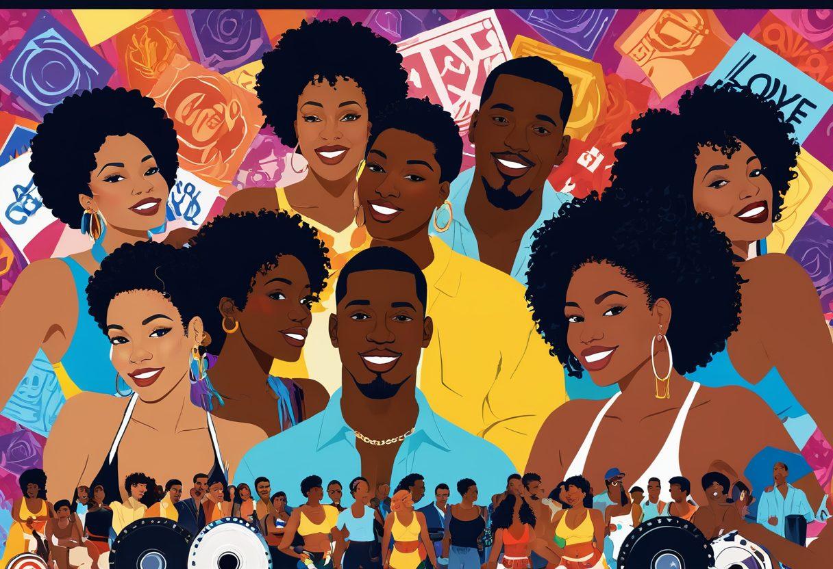 A powerful and vibrant composition showcasing a diverse group of Black individuals celebrating their sexuality, surrounded by representations of various adult film genres. The scene reflects authenticity and joy, emphasizing body positivity and confidence, with elements like film reels and artistic interpretations of love and intimacy in the backdrop. Bright, bold colors amplify the energy, inviting viewers to embrace diverse narratives. vector art. vibrant colors. expressive background.